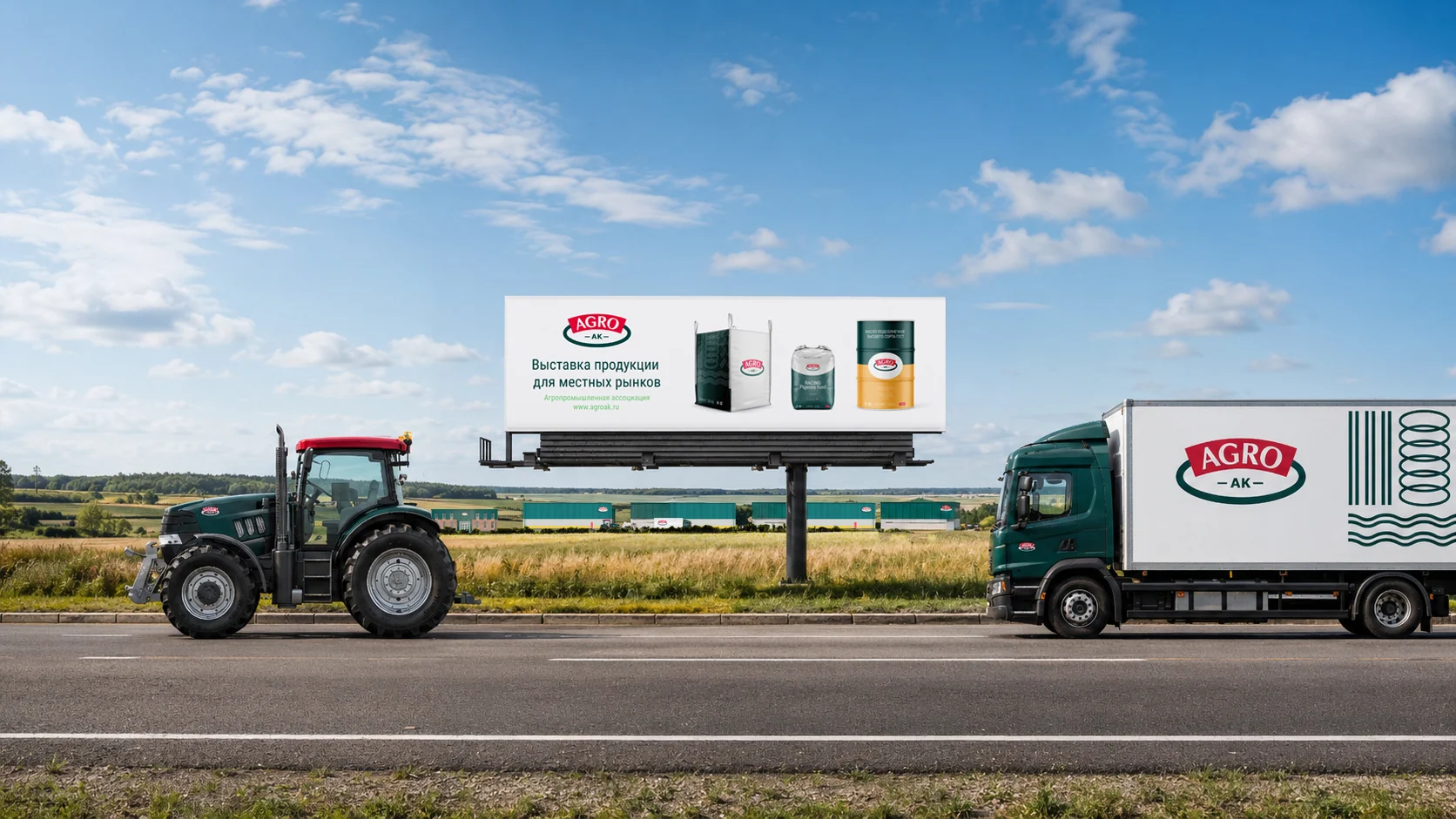 AGRO-AK complex with tractor, truck, advertising display, office, and warehouses