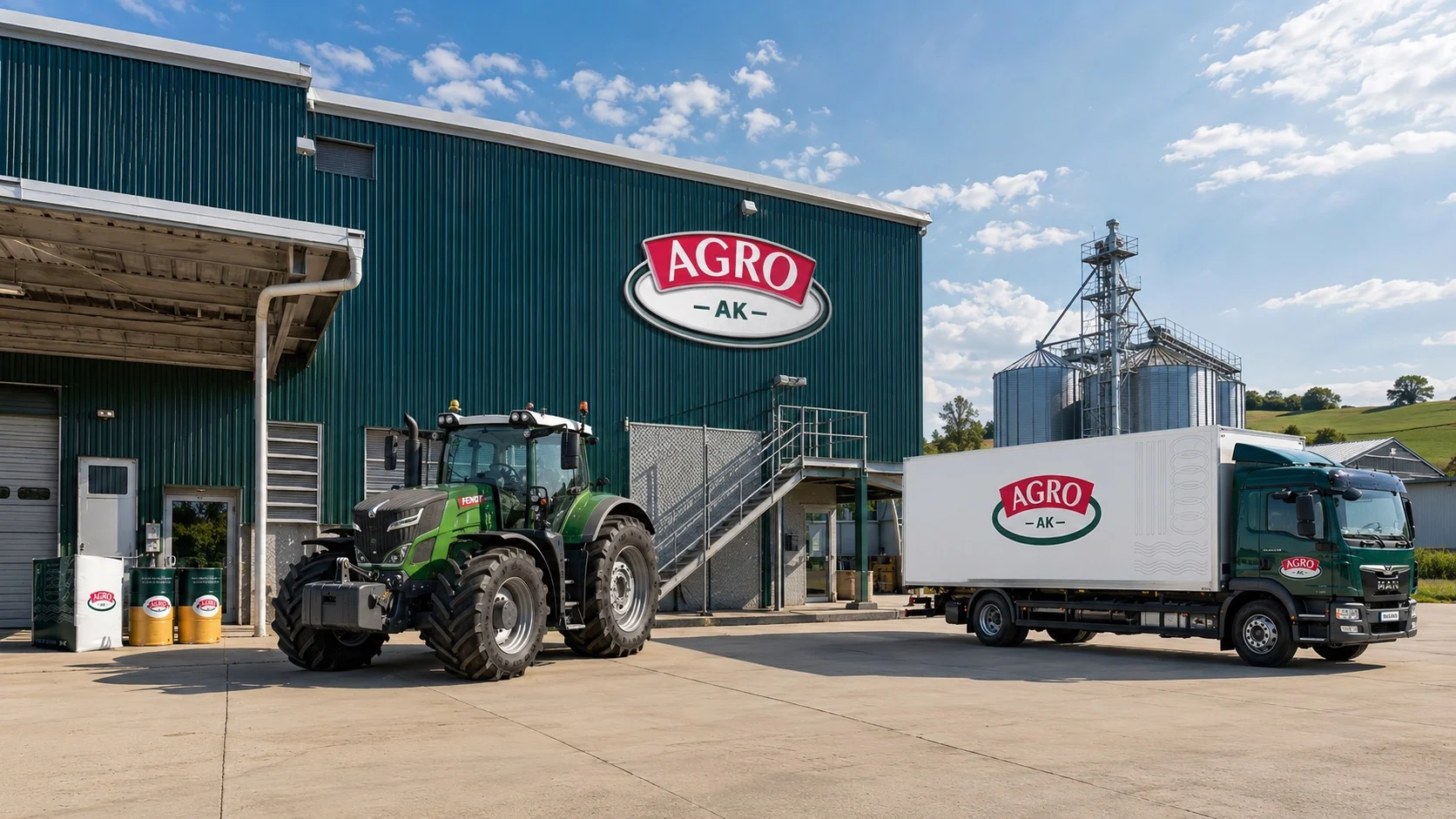 AGRO-AK hangar with branded logo, tractor, and truck
