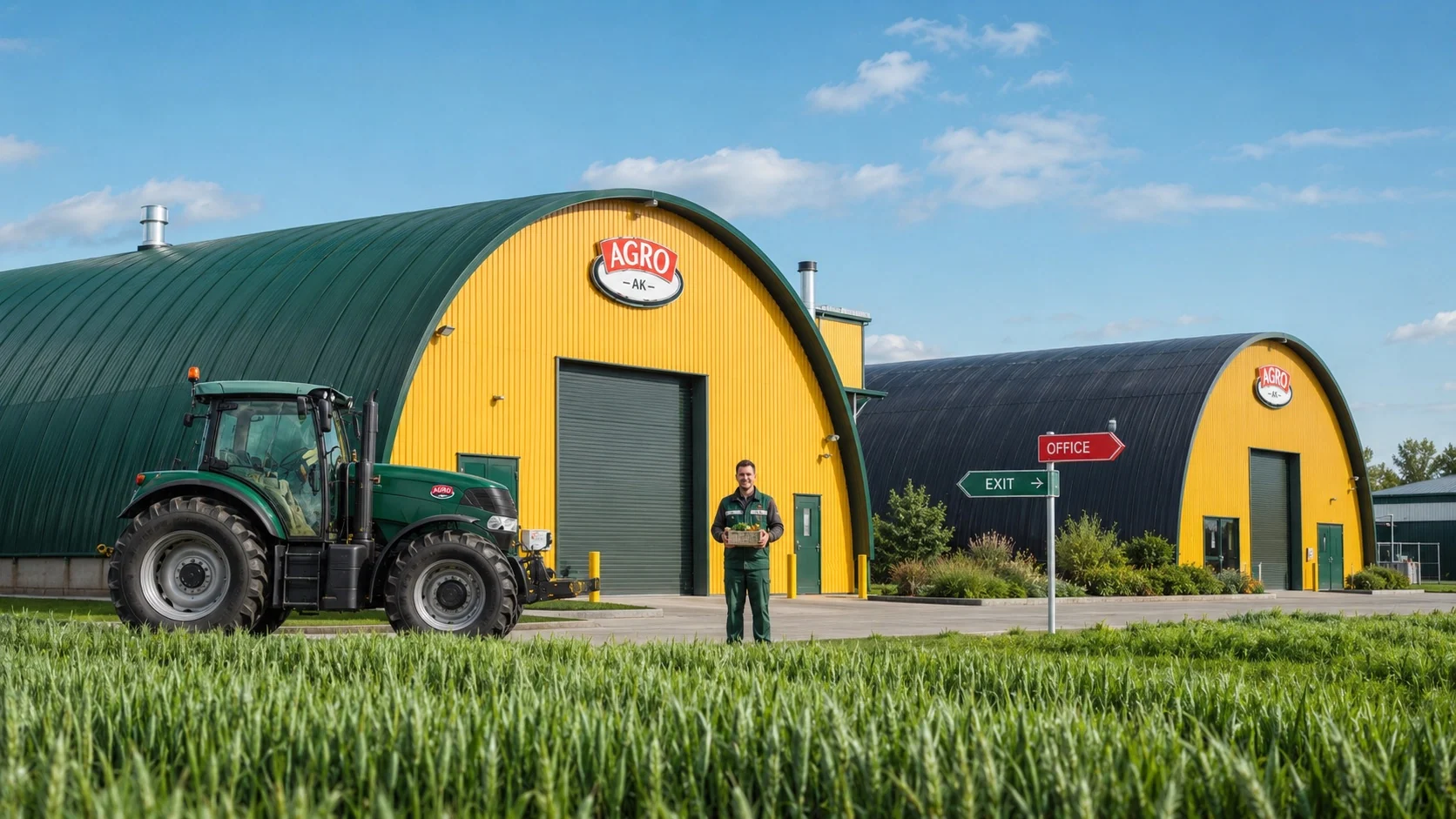 AGRO-AK warehouses, tractor, and branded facade signage