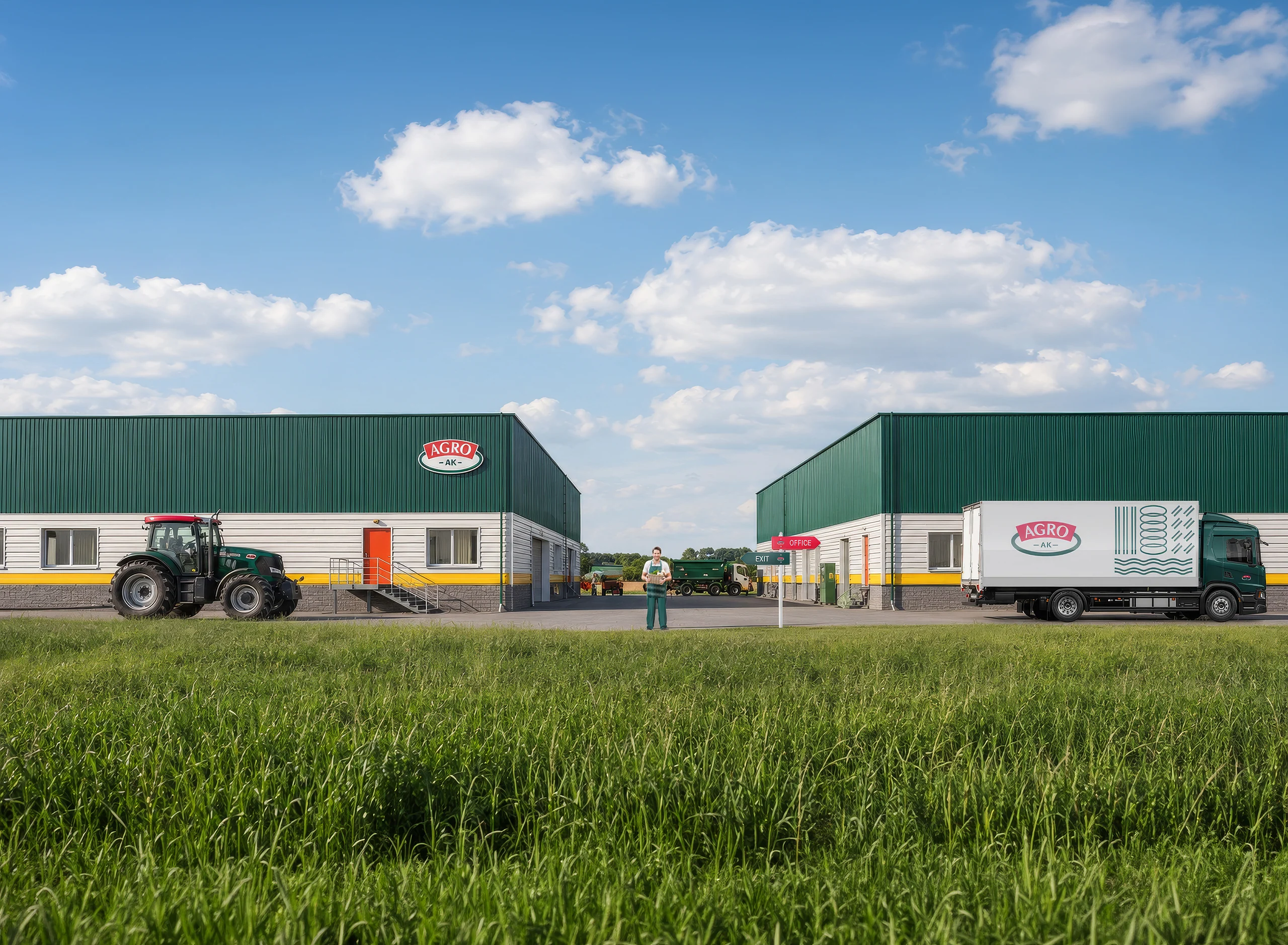 AGRO-AK agricultural complex: warehouses, tractor, branded truck, employee, and wayfinding
