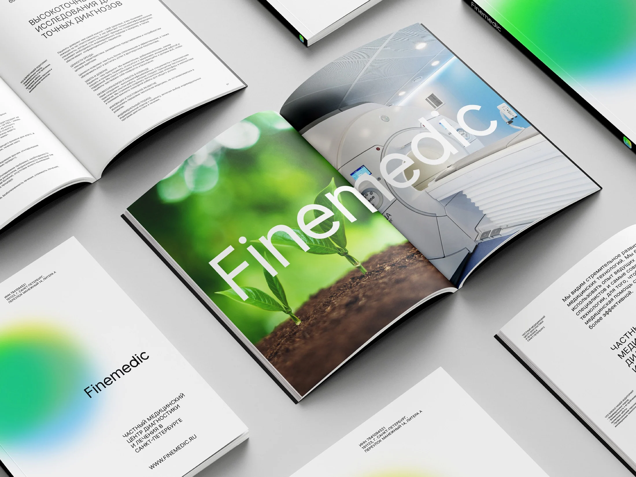 Printed Finemedic brand guidelines and branded materials