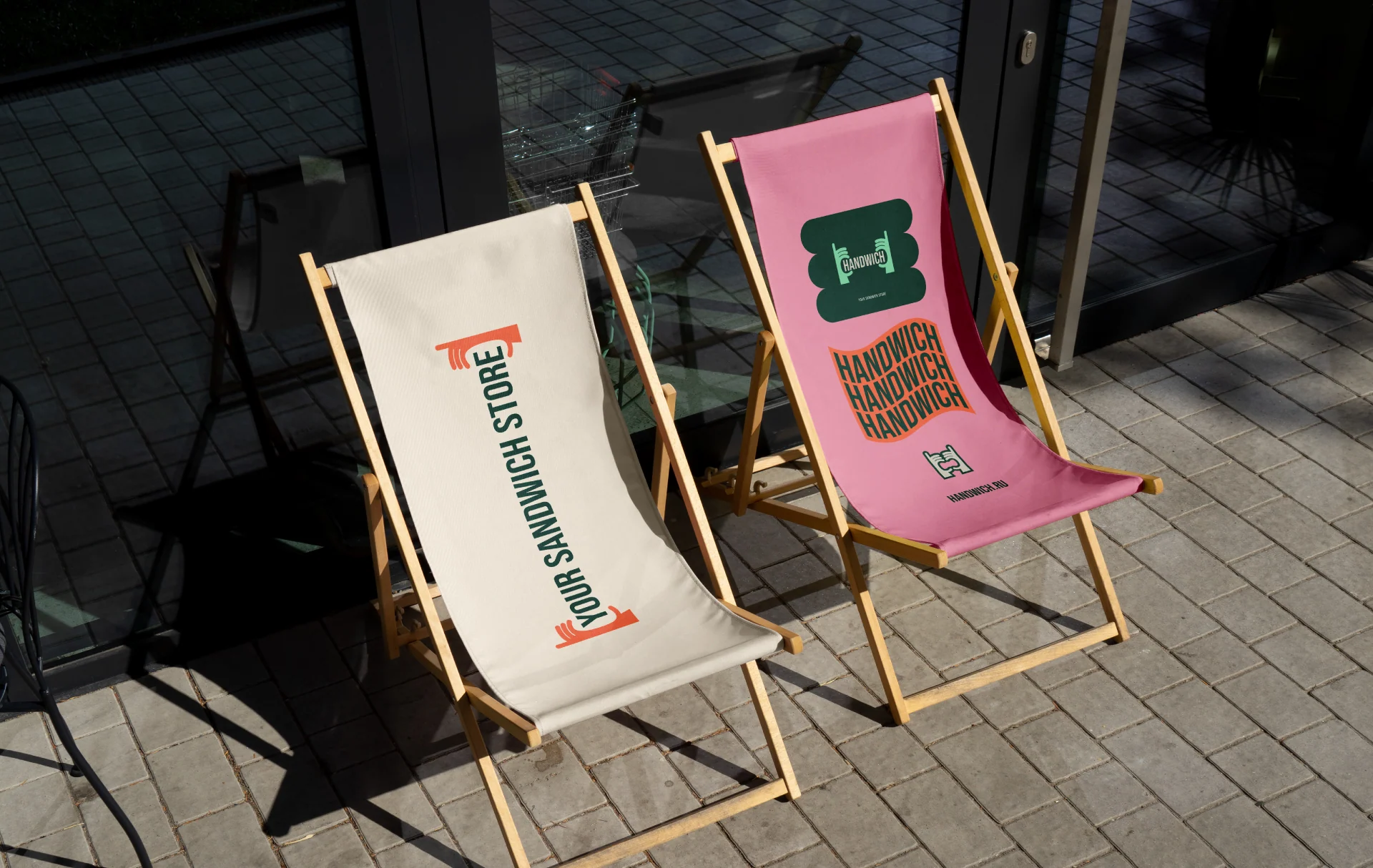Deck chairs with HANDWICH brand graphics