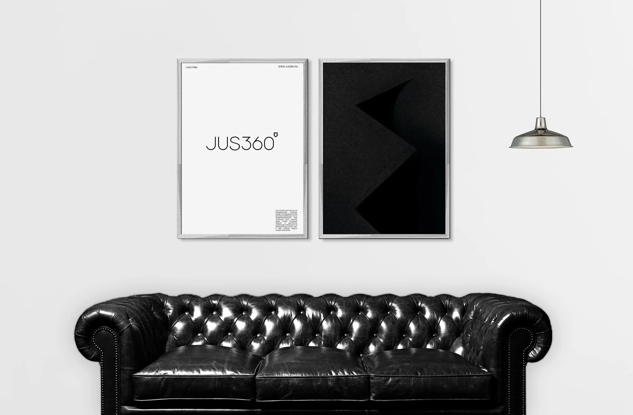 JUS360 posters in a black-and-white interior