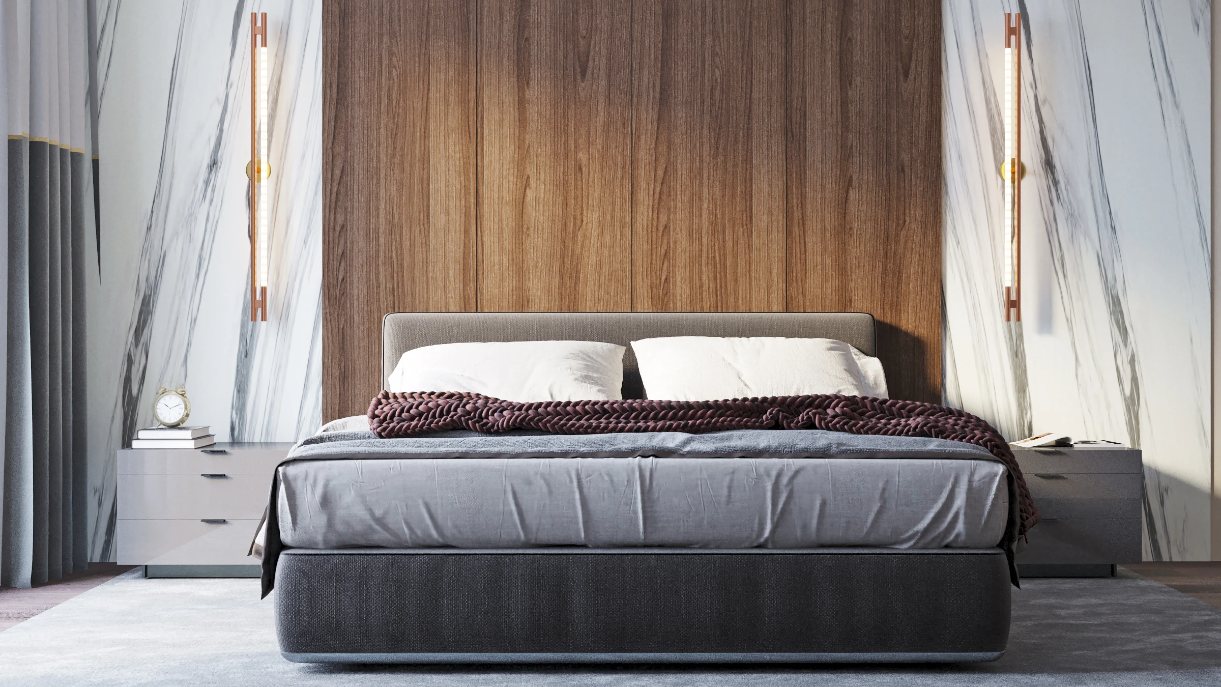 Bed against a wood panel between light walls with bold veining, with nightstands and pendant lights on each side