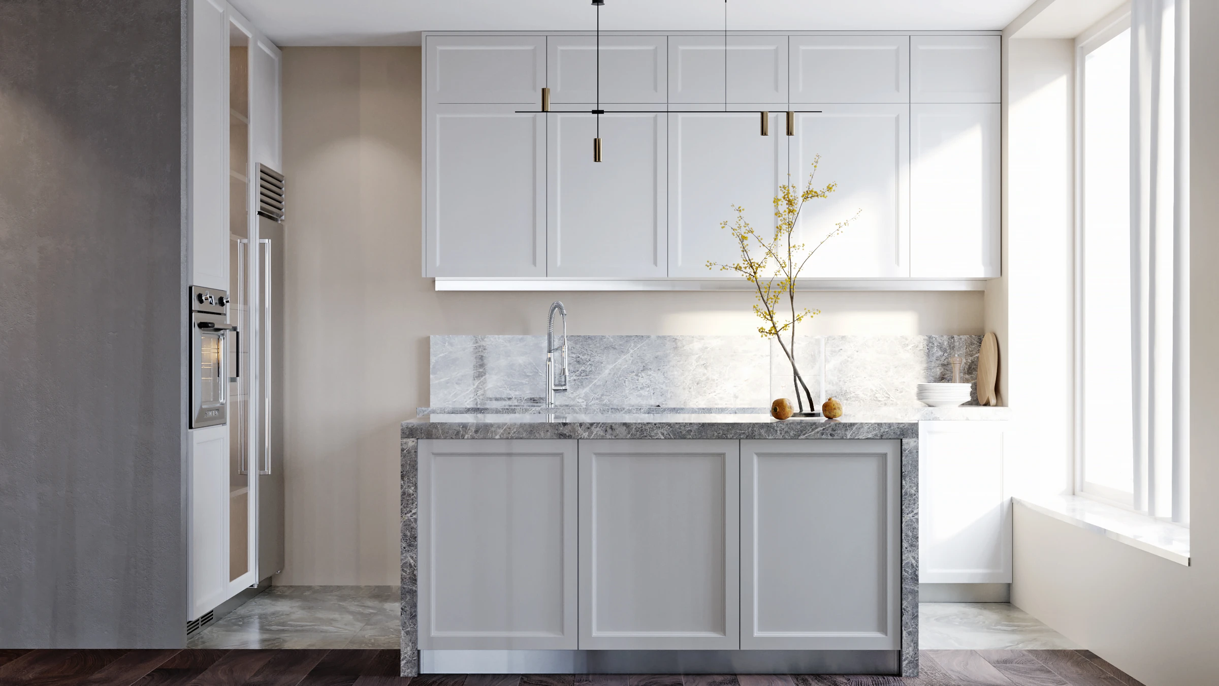 Front view of the light kitchen with an island, paneled fronts, built-in appliances, and a pendant light