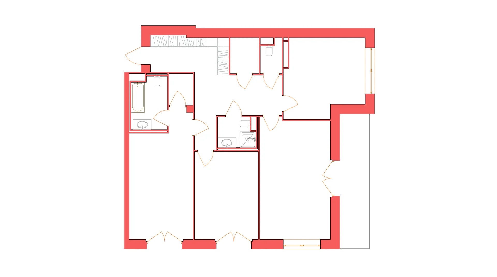 Apartment plan with partitions and door openings, a shared area, two separate rooms, and a loggia