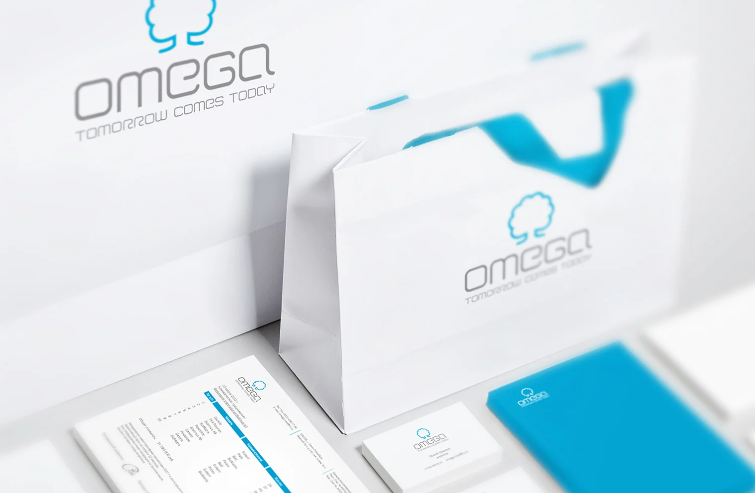 OMEGA branded bags, documents, and business cards