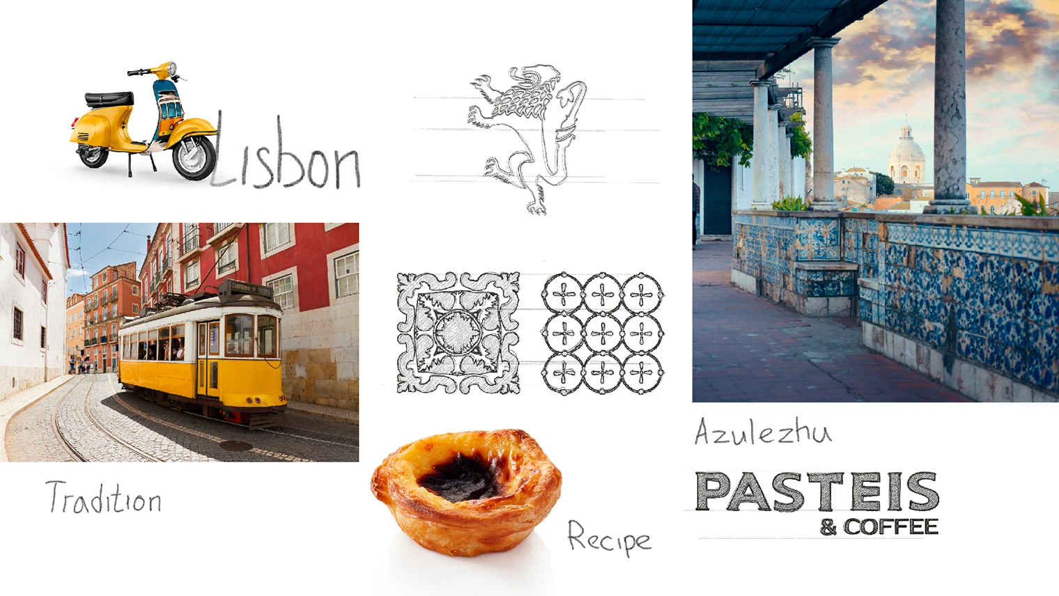 PASTEIS & COFFEE mood board with Portuguese motifs