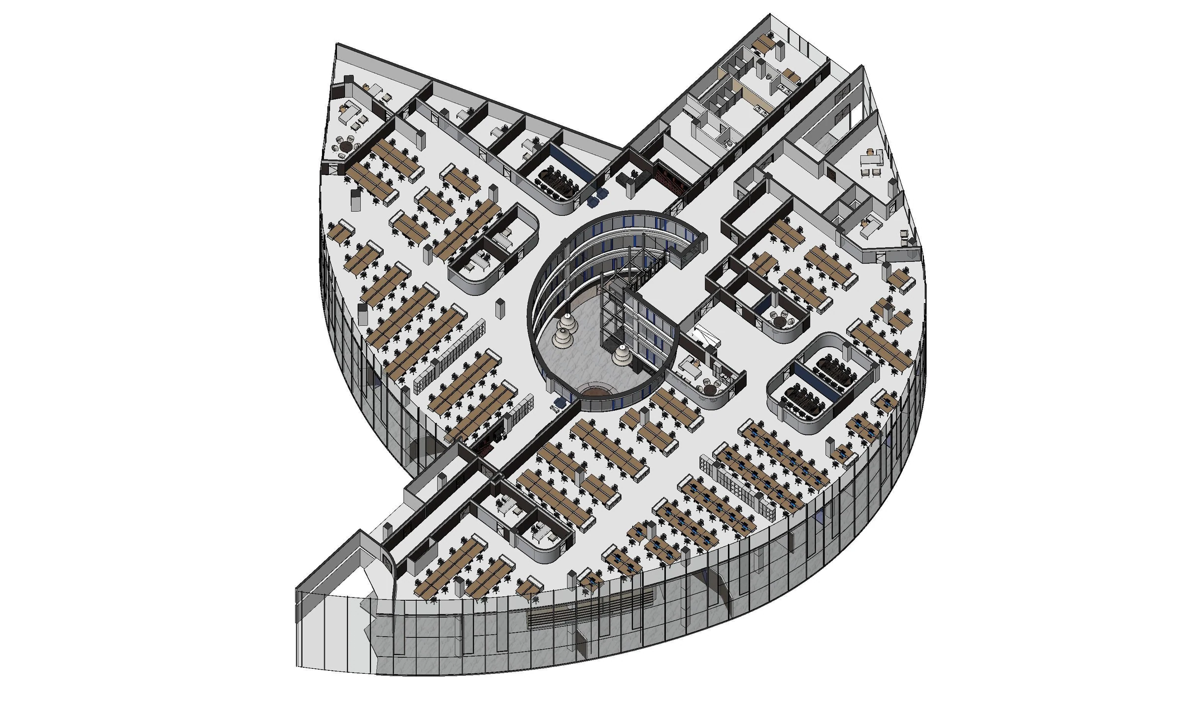Axonometric view: overall floor structure, work zones, and enclosed rooms