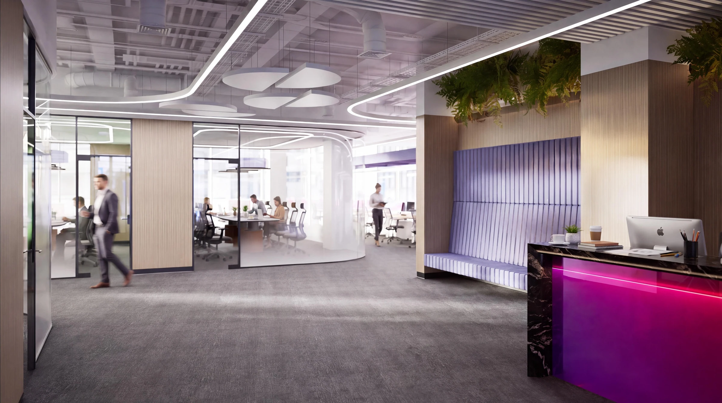 Reception: color accent, waiting area, and entrance to the workspace