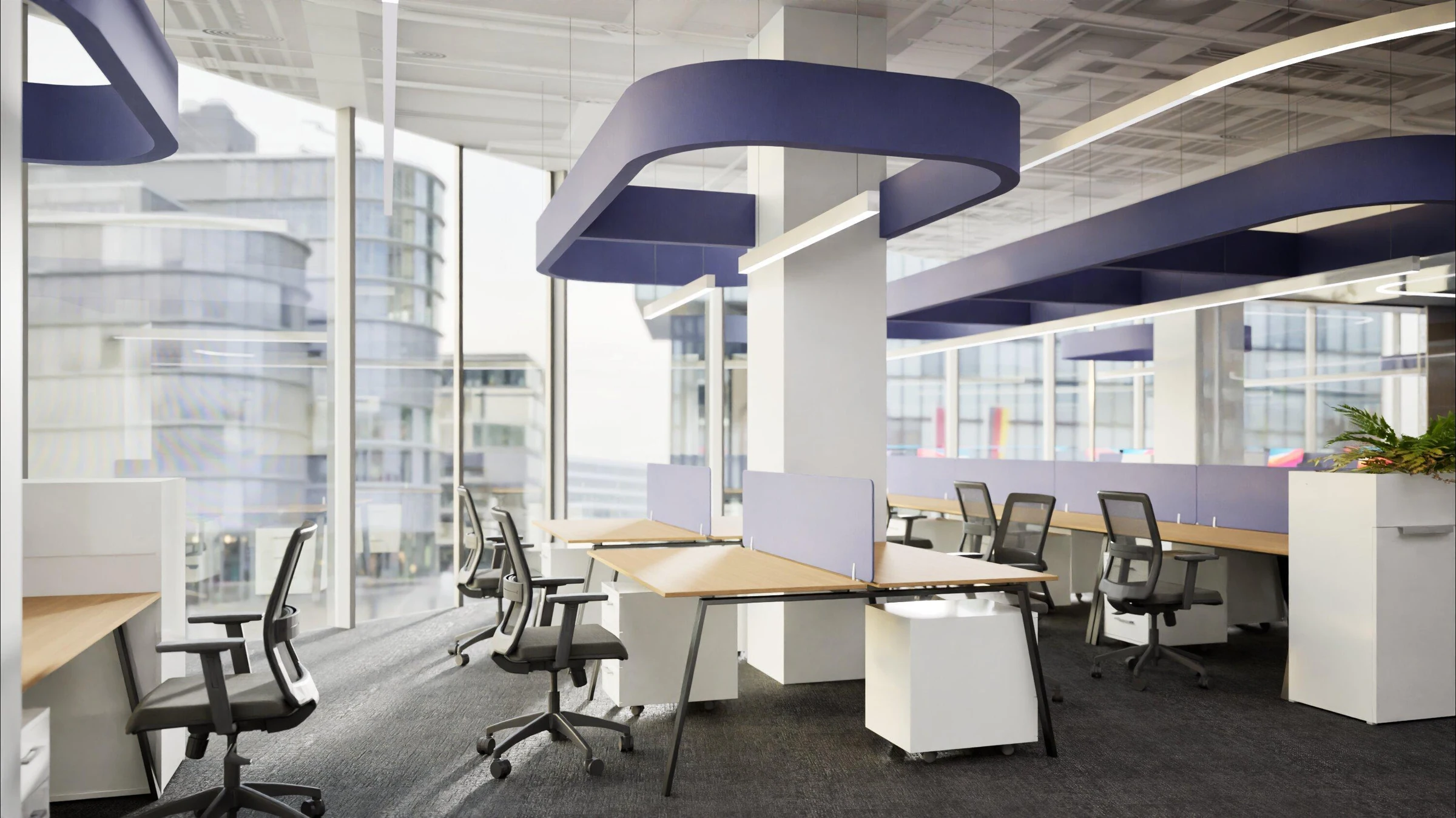 Workstations beside the glazing