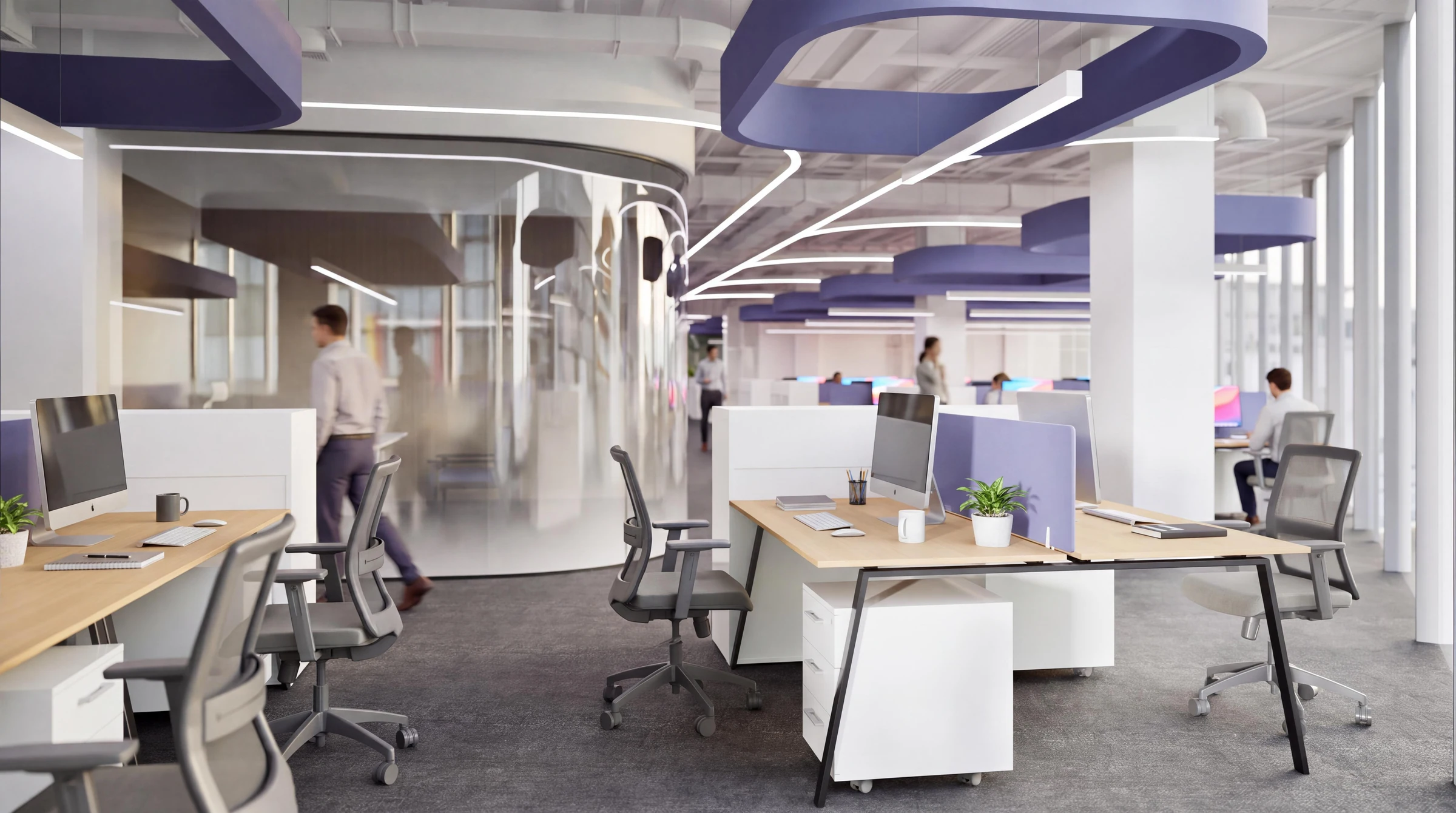 Open work areas and an enclosed meeting room