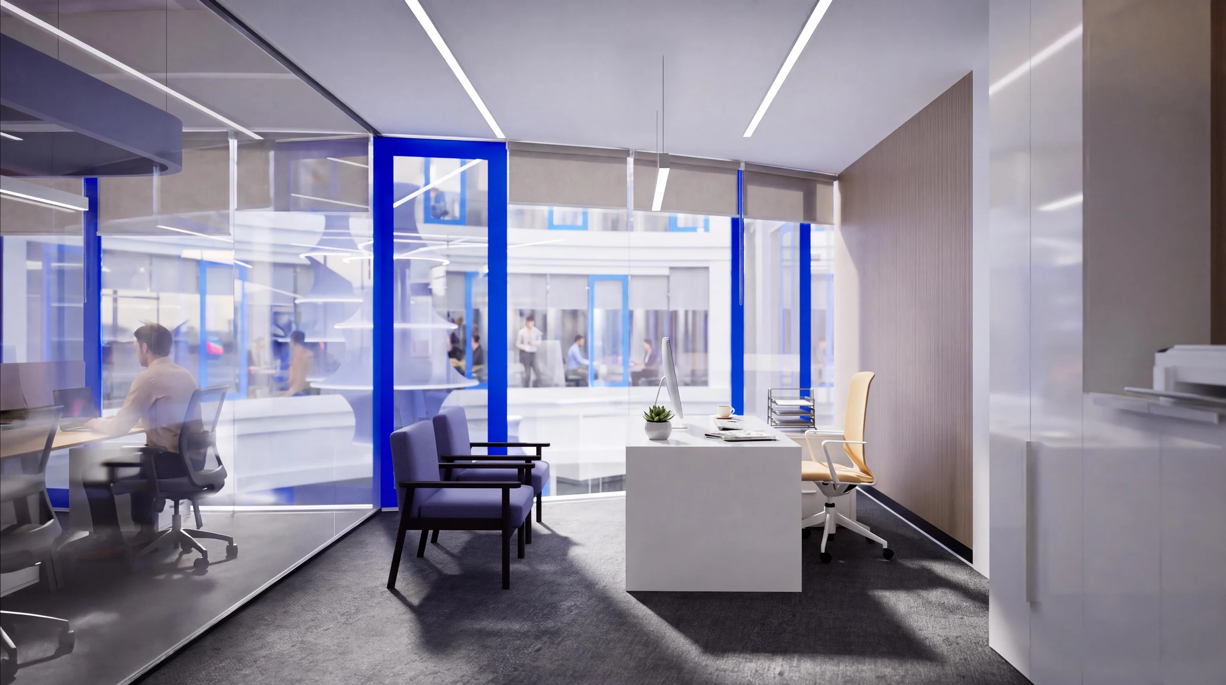 Office glazing viewed from the shared space