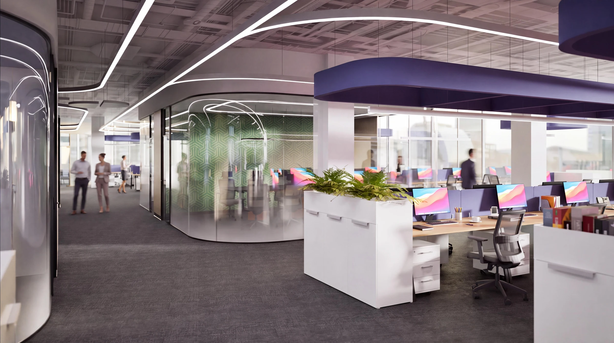 Meeting room at the intersection of shared circulation and workstations