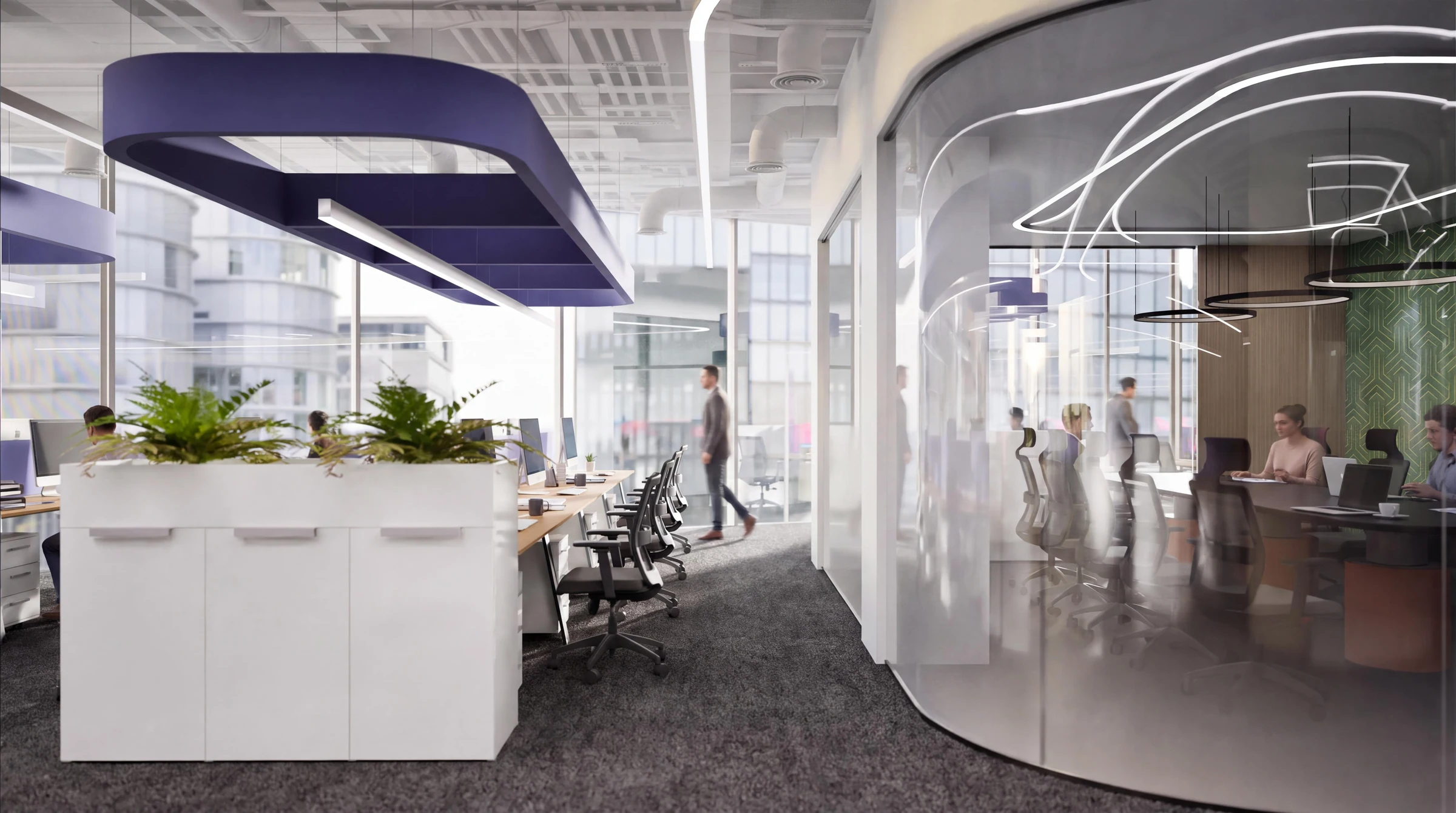 Meeting room viewed from the workstations