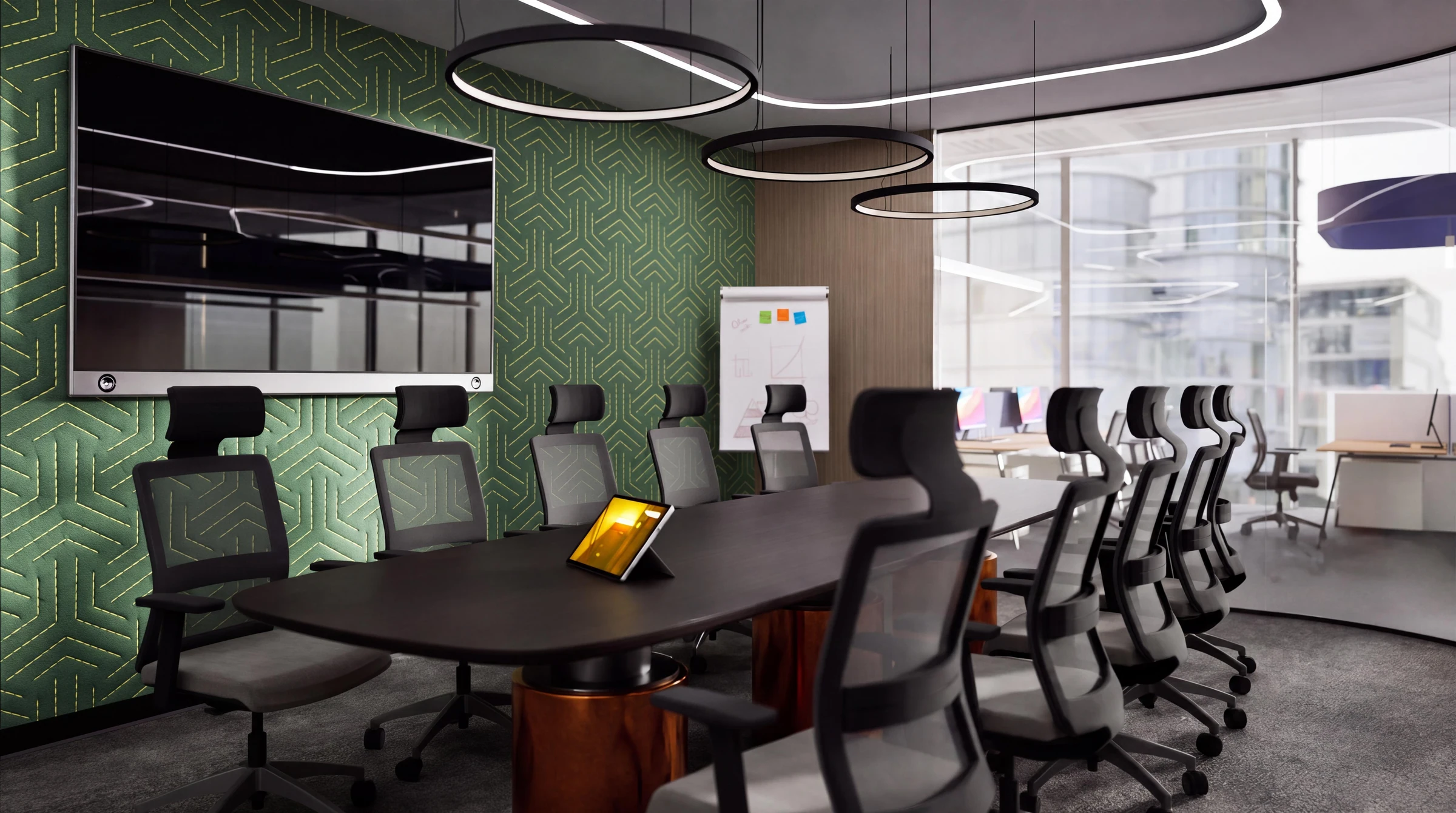 Meeting room interior: shared table, screen, and green accent wall