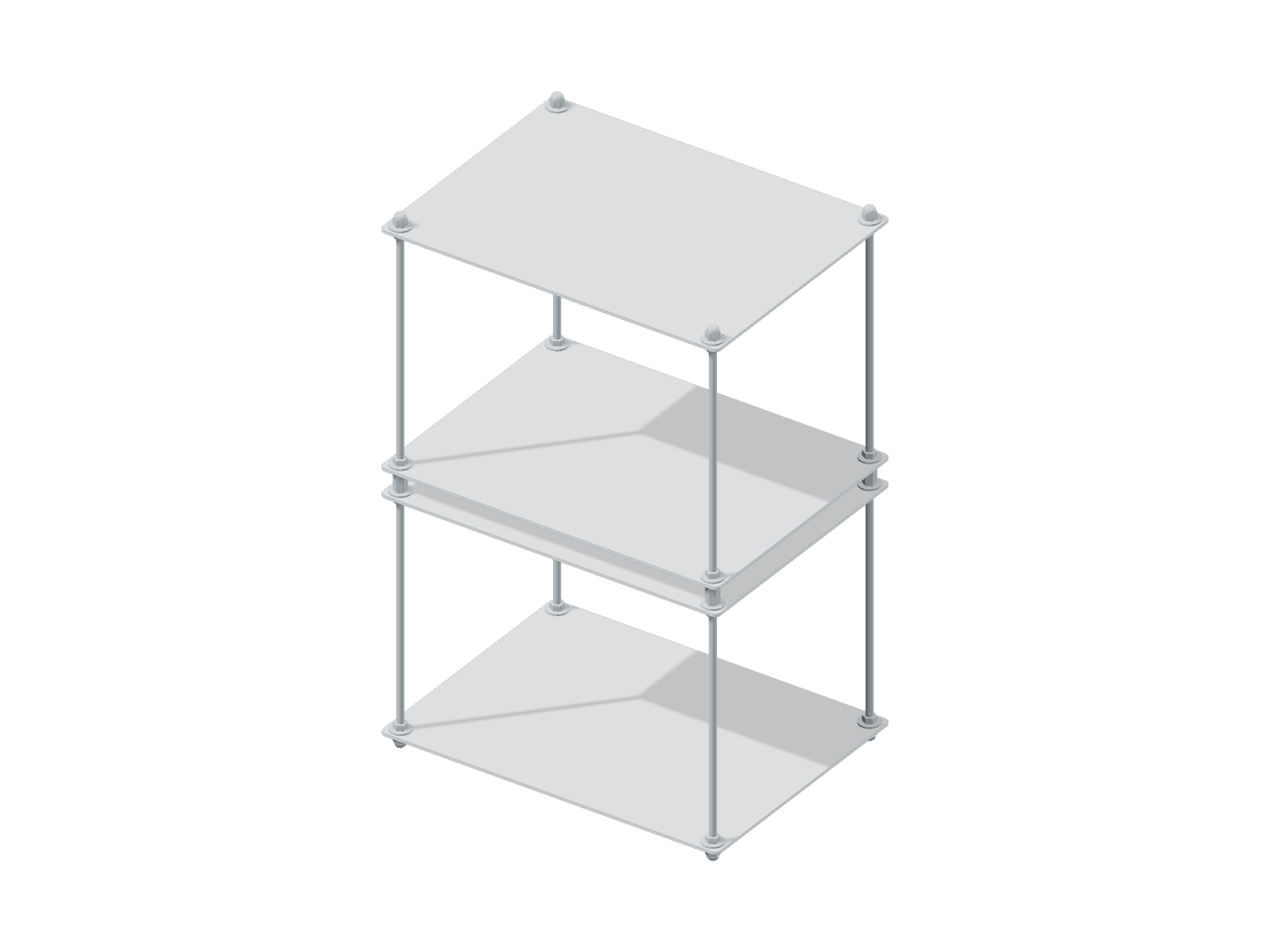 Axonometric view of narrow bedside shelving with open shelves