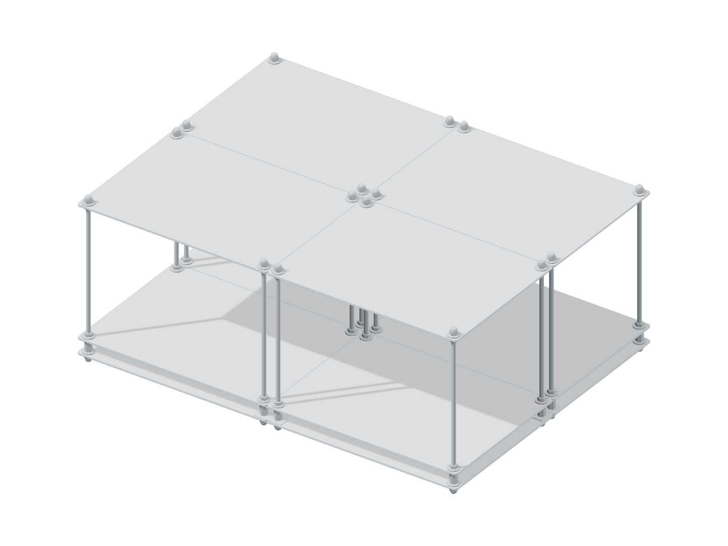 Coffee table axonometric view: four panels in a 2 × 2 layout, a single upper shelf, and a double lower shelf