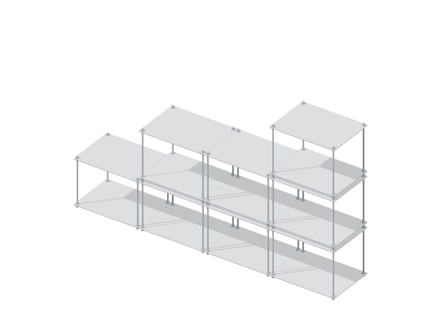 Axonometric view of staggered shelving using all 16 panels: four sections with one, two, two, and three levels