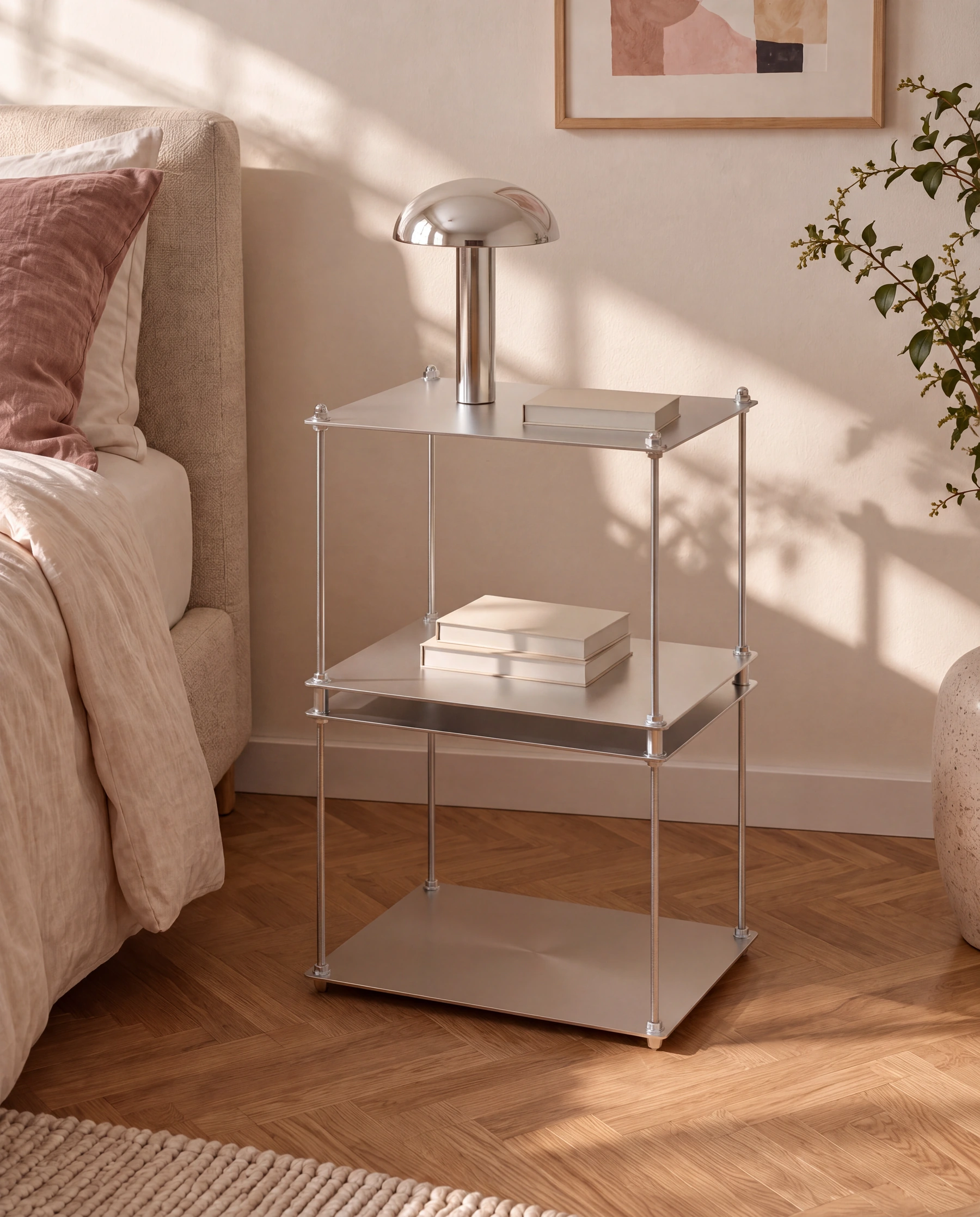 RX8 bedside shelving with a metal lamp and books in a bedroom