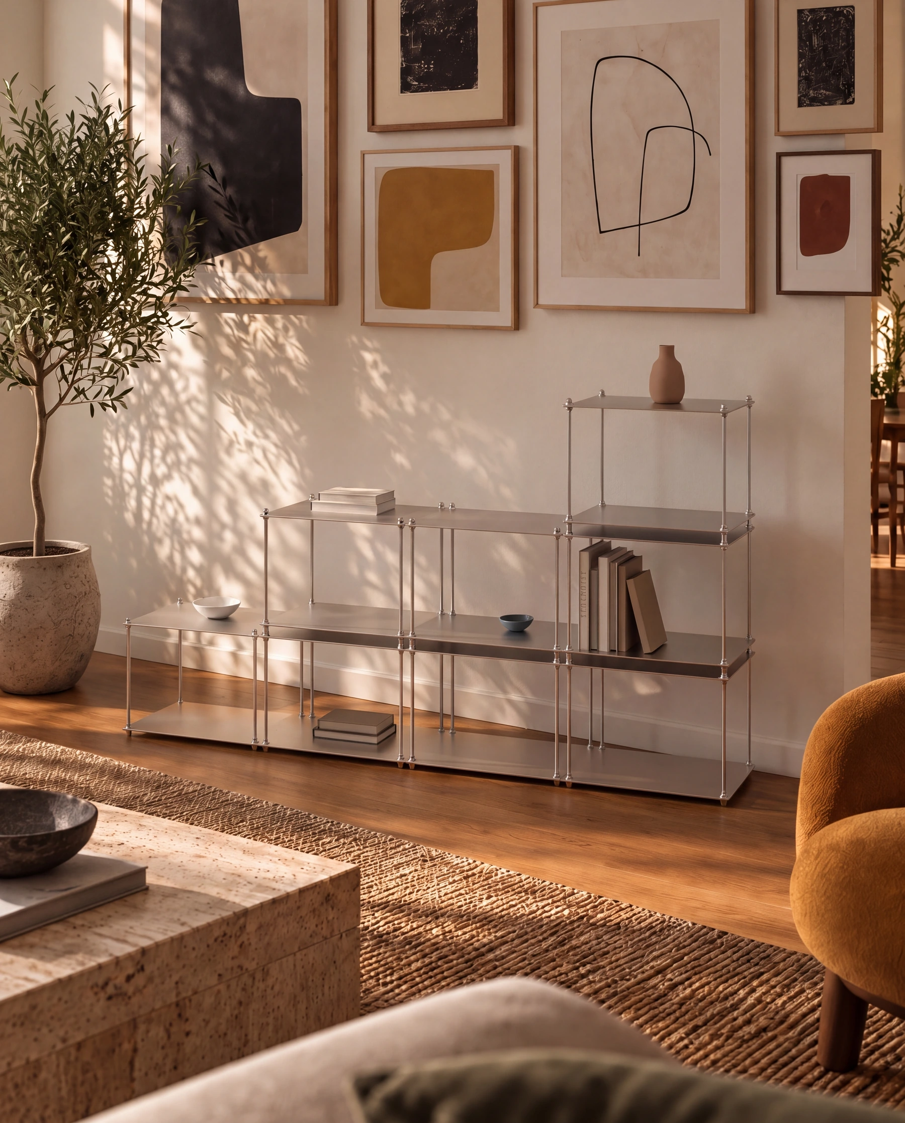 RX8 shelving with varied-height sections, books, and ceramics against a wall of pictures