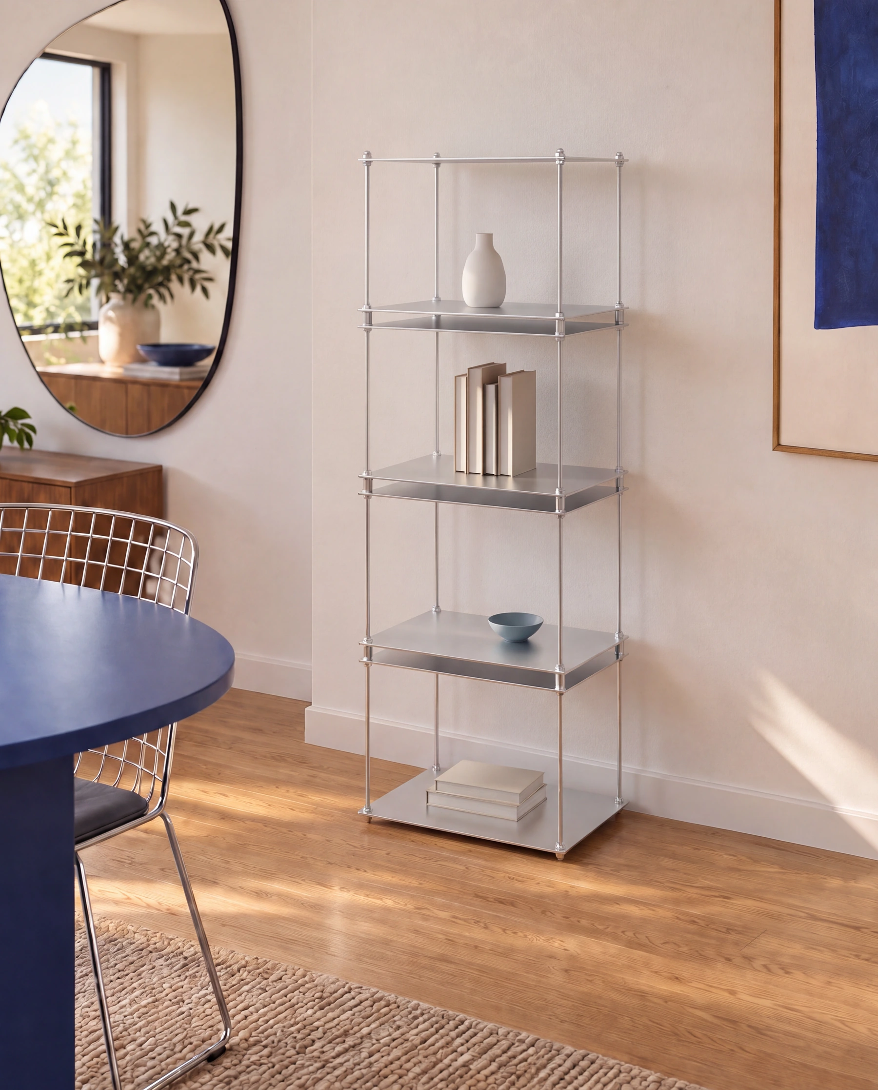 Vertical RX8 shelving with four open levels in a light interior with a blue table
