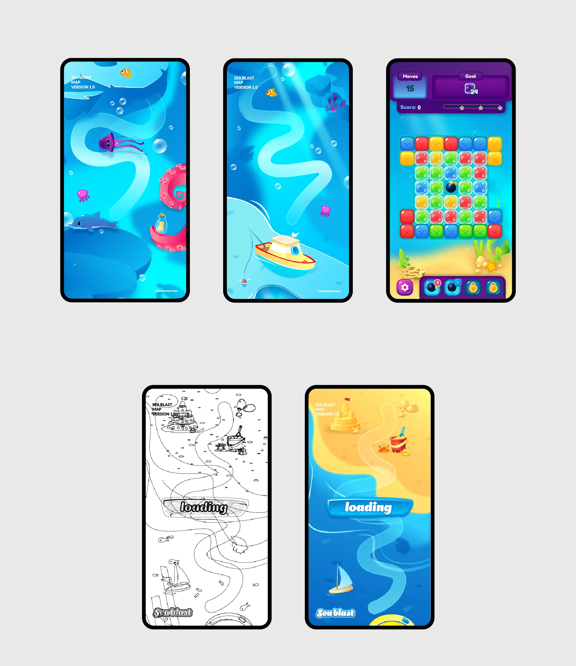 SEA BLAST map, game board, and loading screens