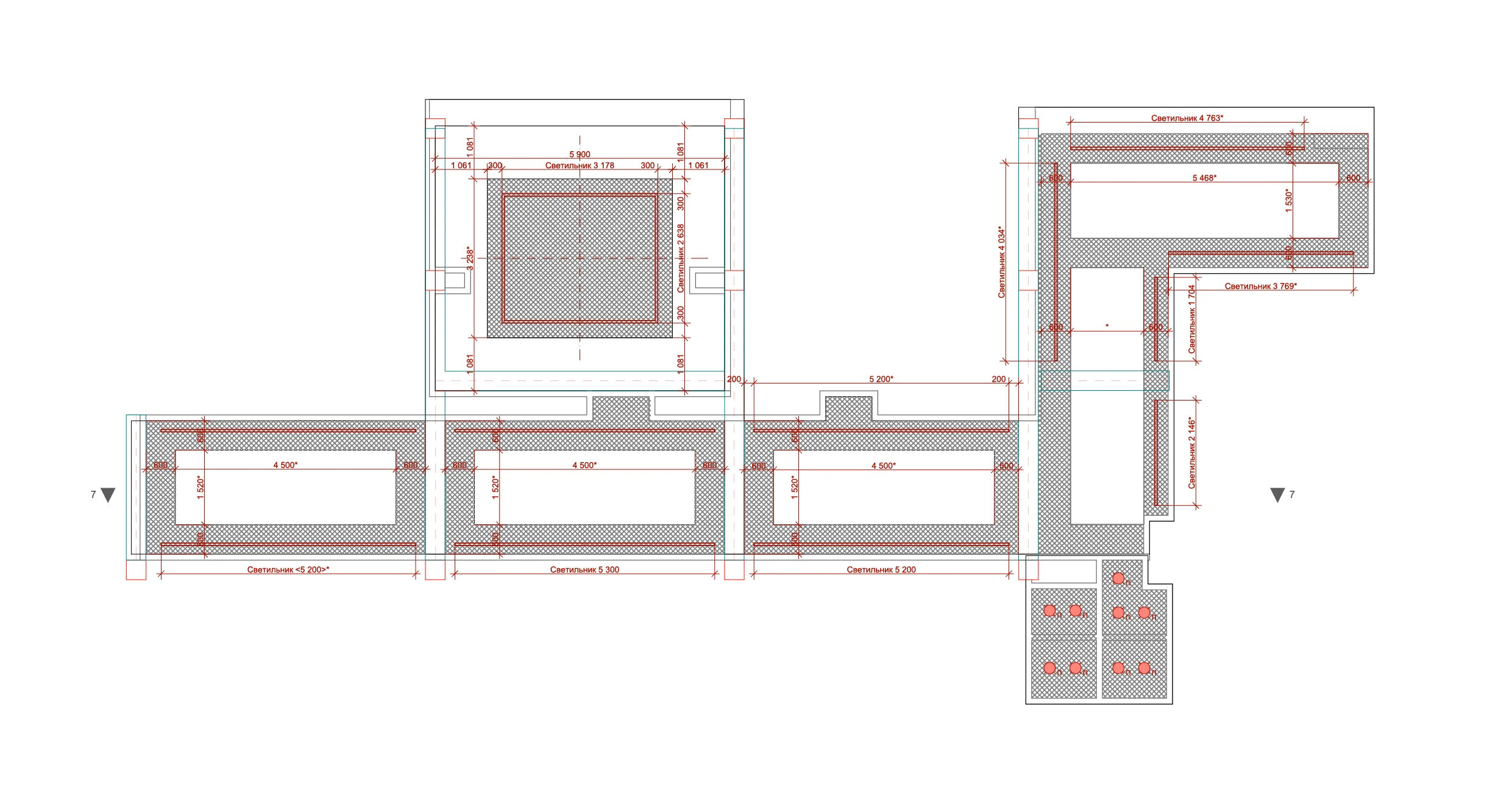Training center ceiling plan with open-grid areas, light locations, and dimensions