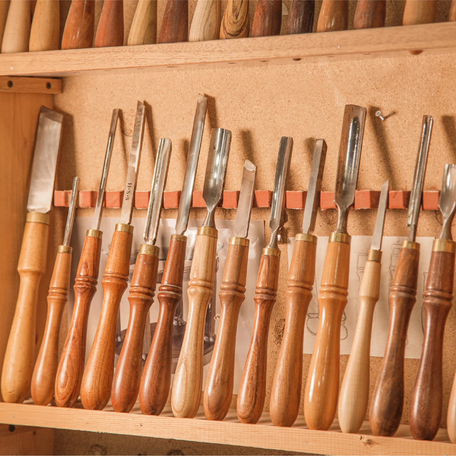 Woodworking chisels and carving tools in the workshop