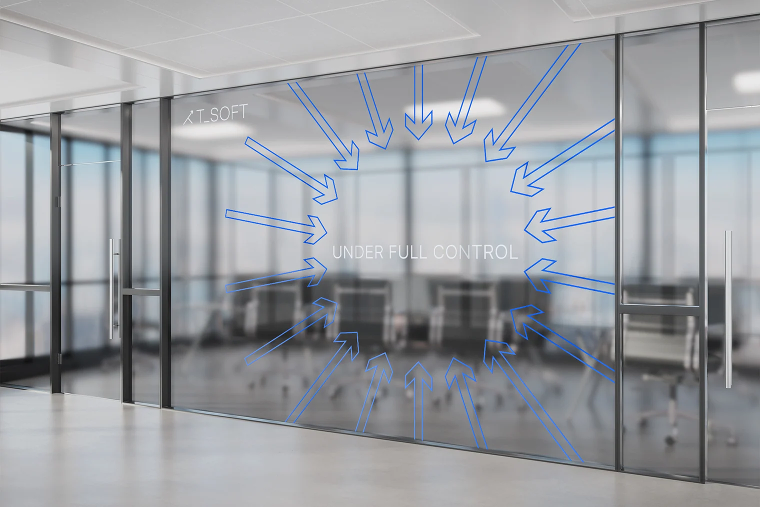 T-SOFT brand graphics on a glass partition