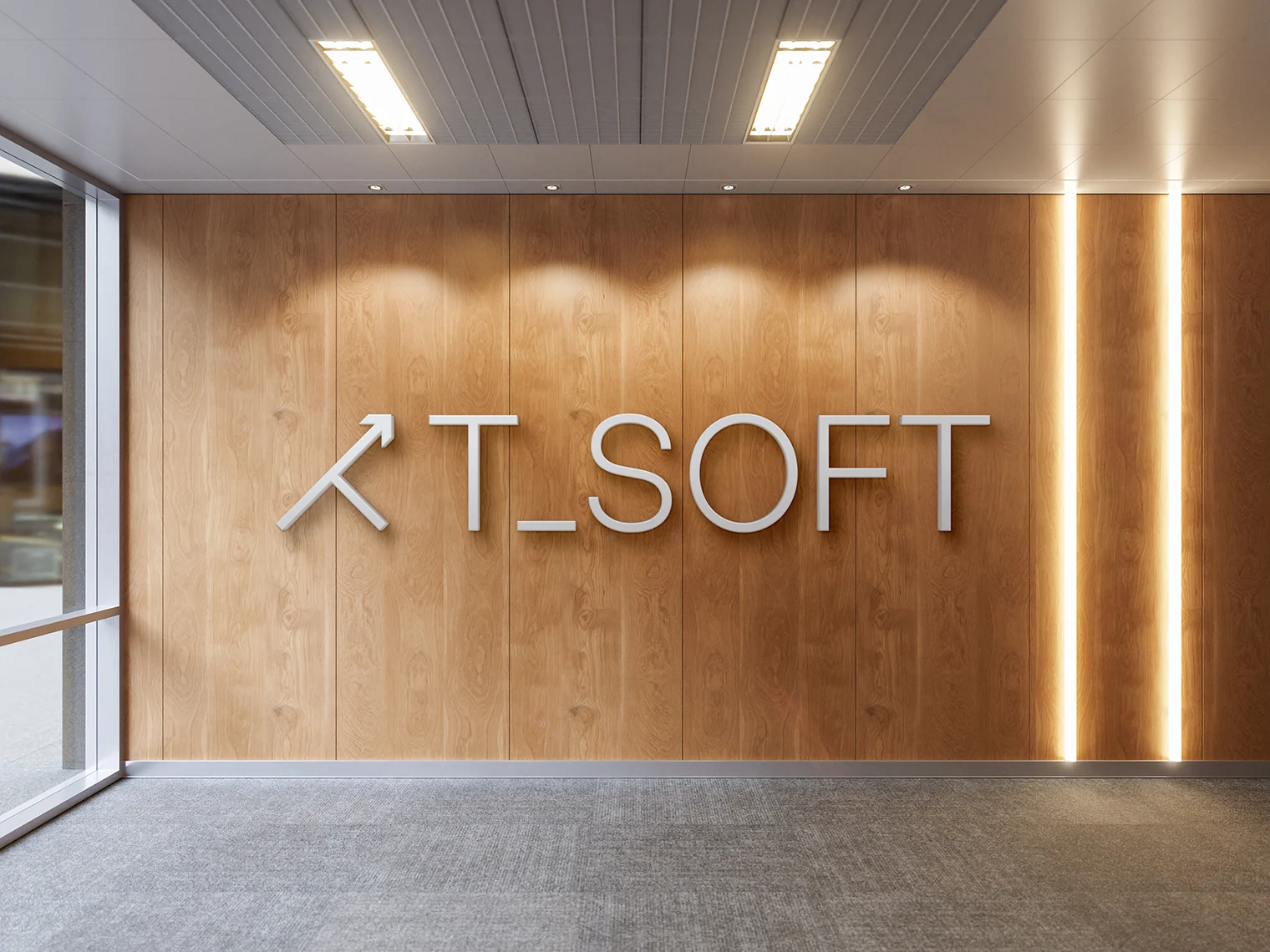 T-SOFT logo in an office space