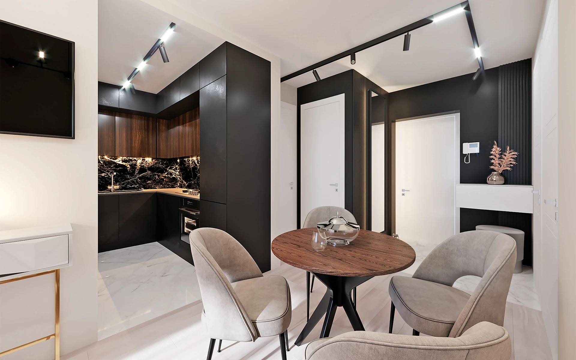 Dining area and recessed kitchen · visualization