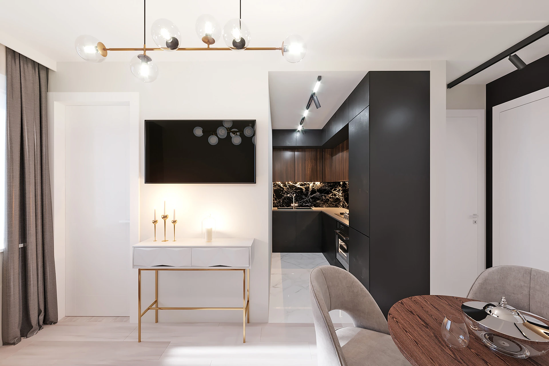 Contrast between the light living room and dark kitchen