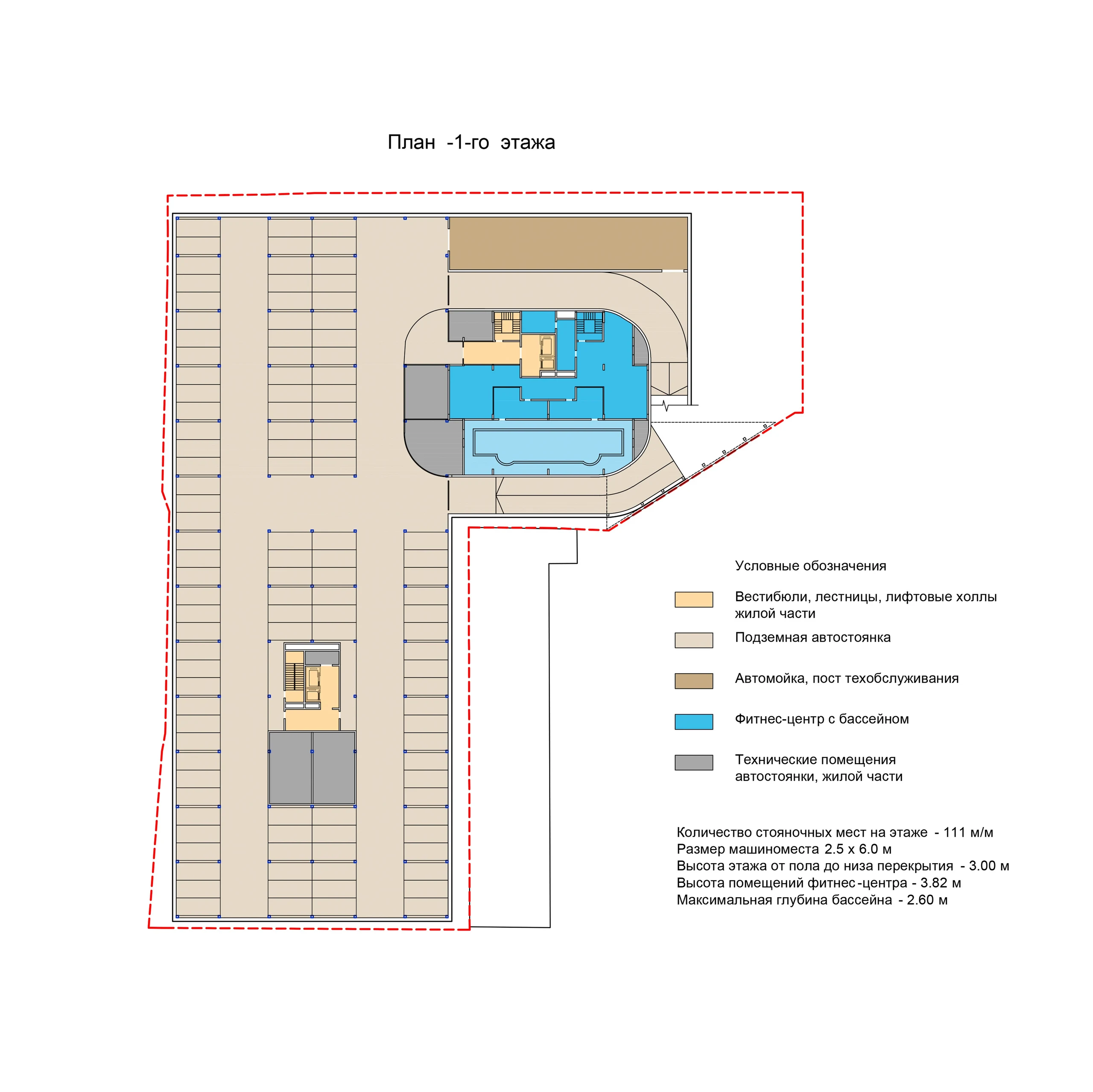 Level −1 plan: parking, fitness center with pool, and technical rooms