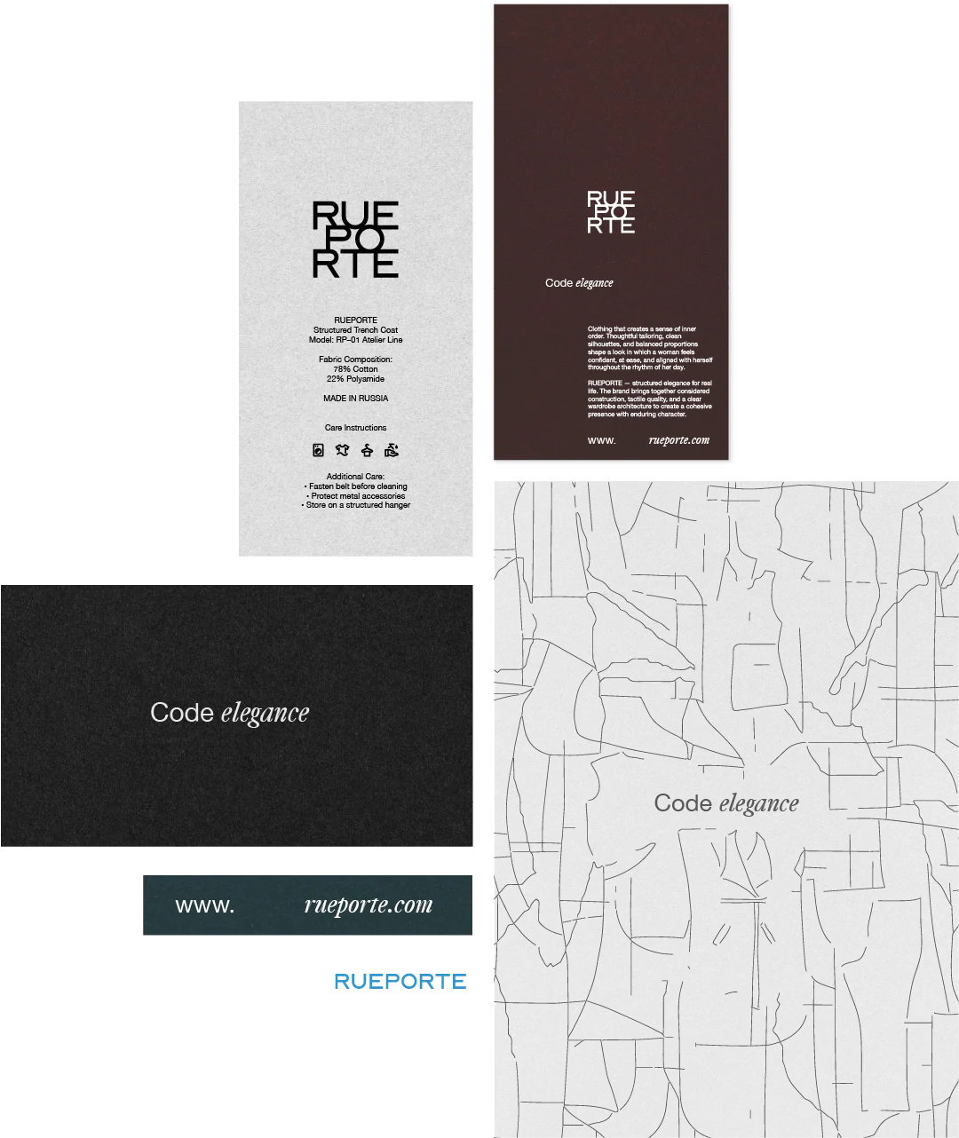 Labels, pattern, and other elements of the RUEPORTE brand system