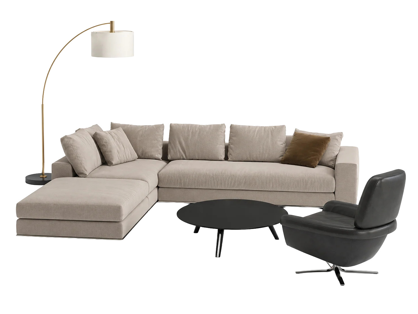 Sofa, coffee table, chair, and lamp from the Krestovsky De Luxe apartment interior on a neutral background