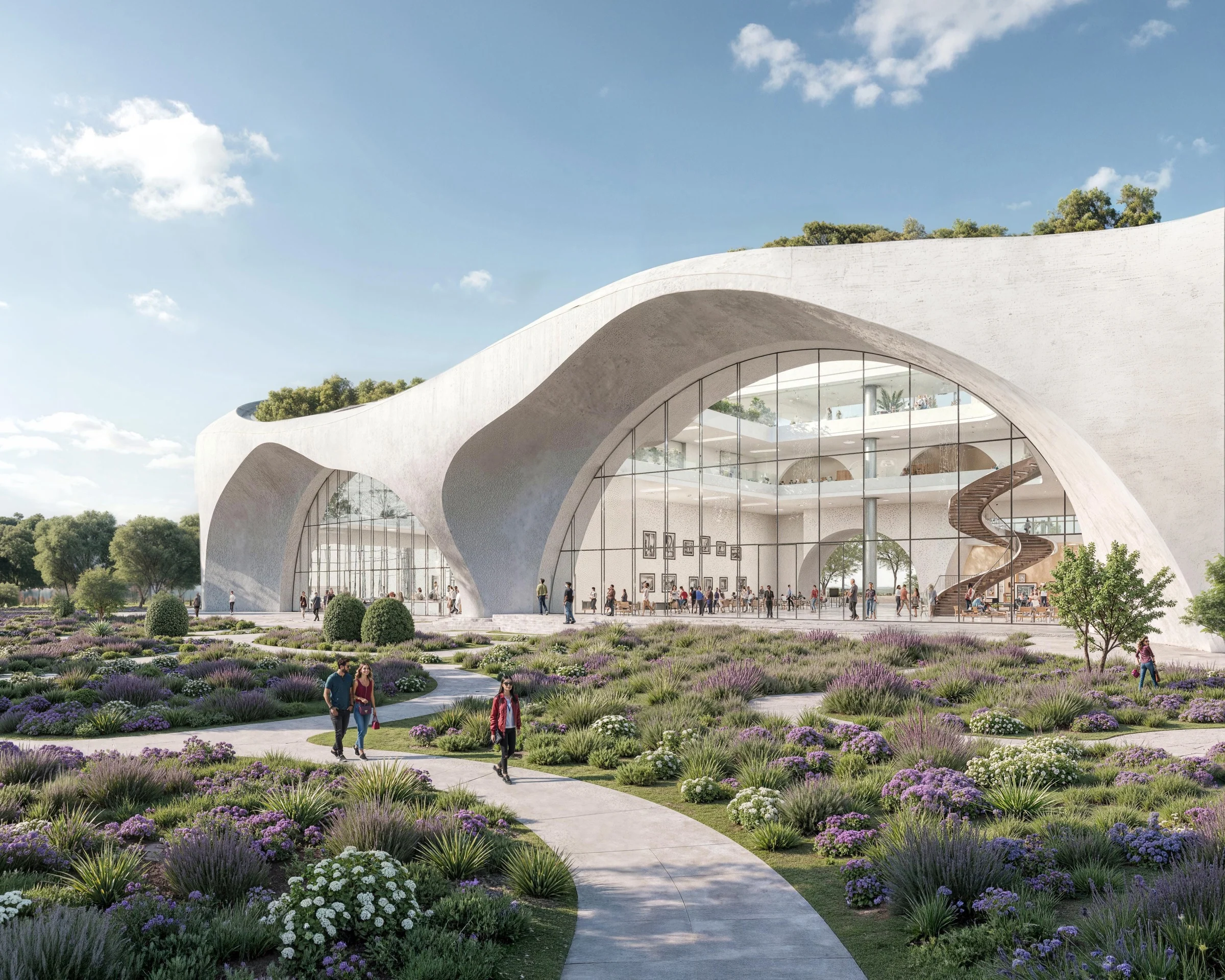 Daytime architectural concept for the ORBIT360 facade and public space