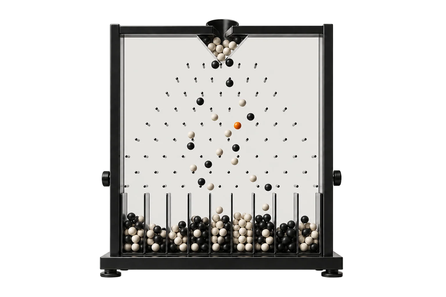 A mechanical probability board with one orange ball highlighted